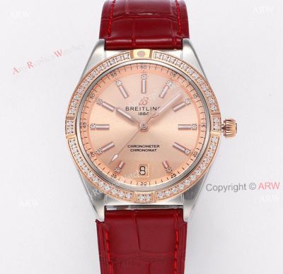 Swiss Copy Breitling Chronomat 36 Copper Dial Leather Strap Watch Rose Gold Crown